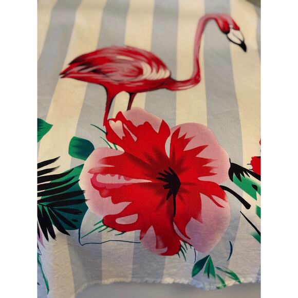 FLAMINGO Dress Blue Stripe Retro Novelty Print Floral Fit Flare | LARGE - Picture 7 of 7